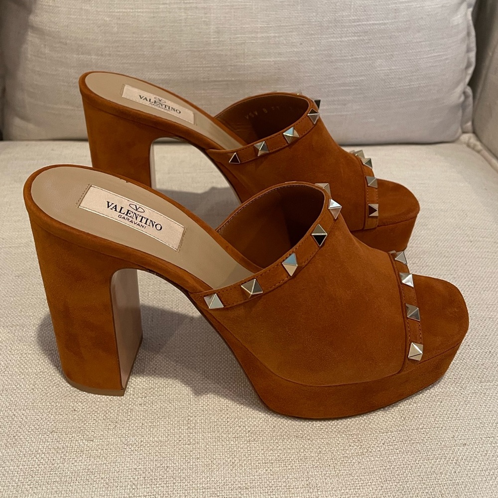 Valentino Brown Rockstud Studded Suede Mule Sandals Heels Platforms